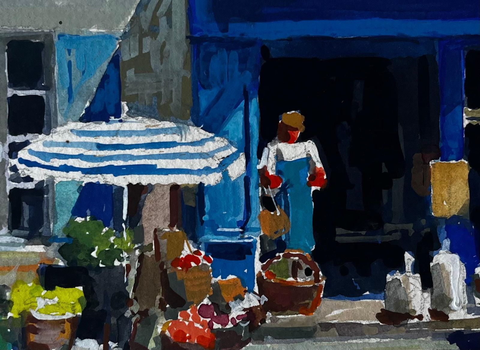Pierre Neveublue Shopfront With Market Baskets Summer Street Scene Watercolour photo buy