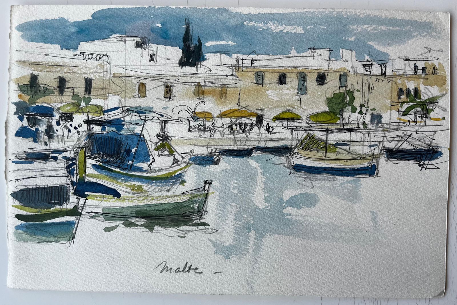 Pierre Neveumalta Harbour Boats Waterfront Scene Watercolour Sketch By Pierre Neveu photo furniture