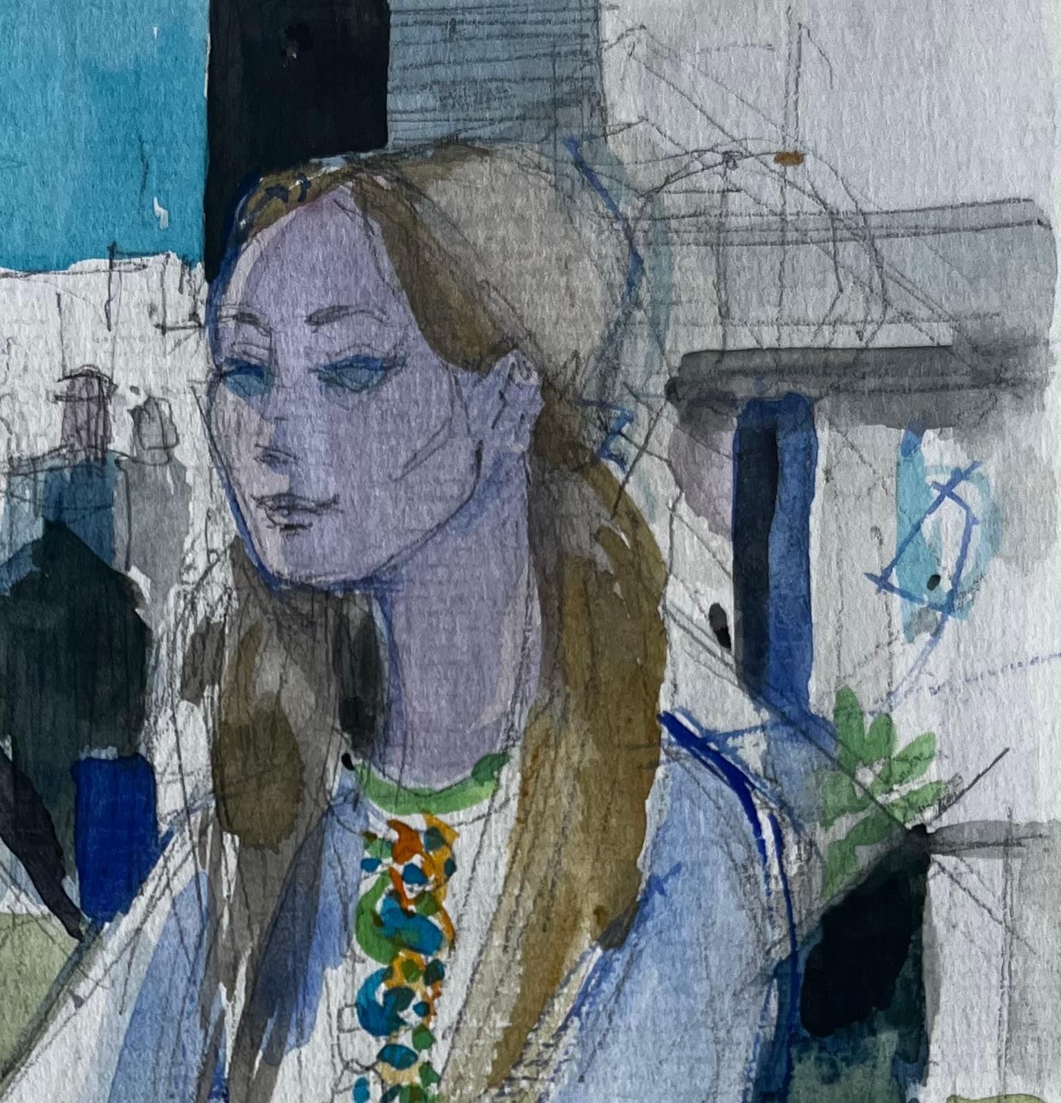 Pierre Neveuseated Woman With Flowers Interior Scene Figurative Watercolour By Pierre Neveu photo for sale