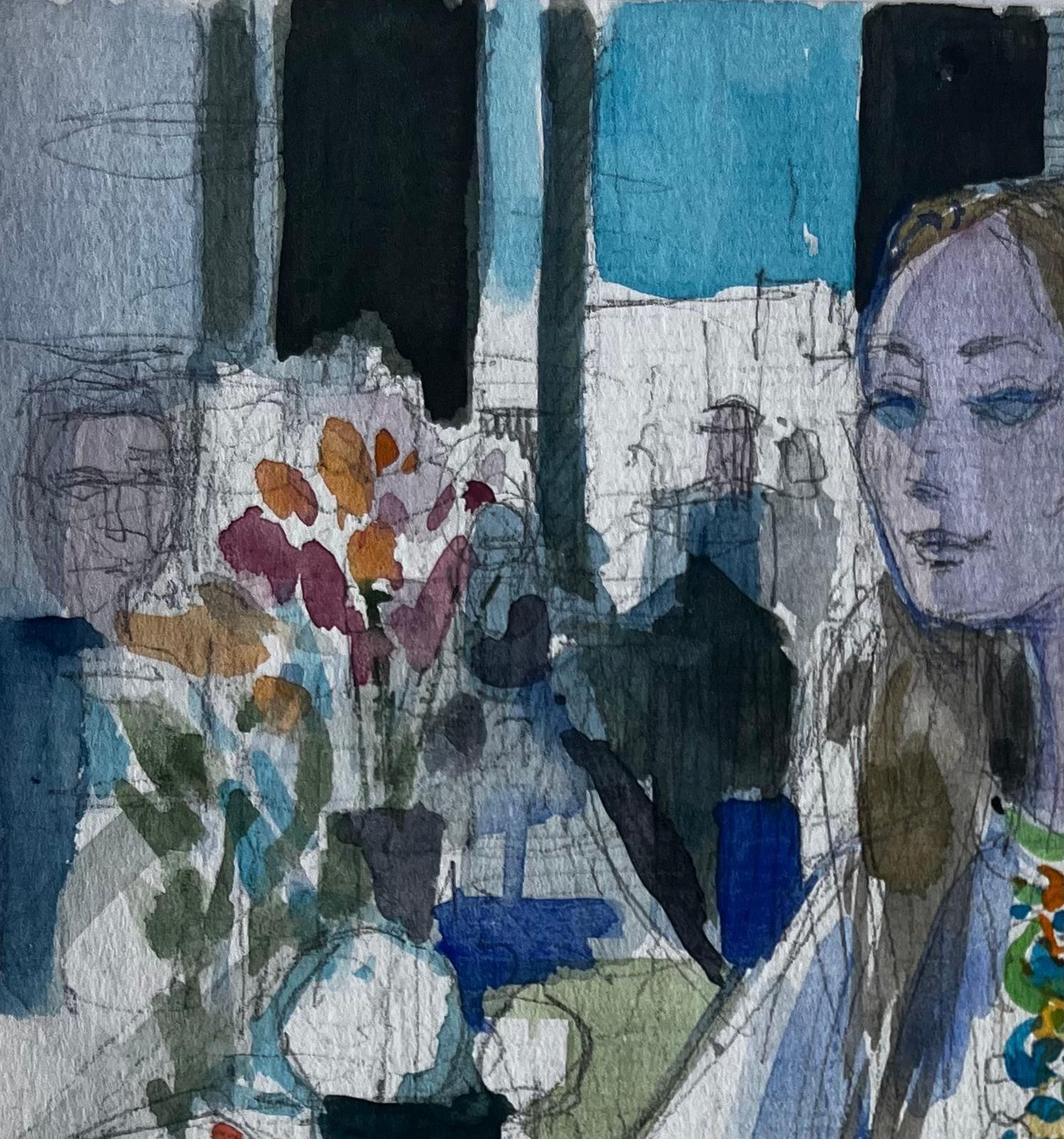 Pierre Neveuseated Woman With Flowers Interior Scene Figurative Watercolour By Pierre Neveu photo Art