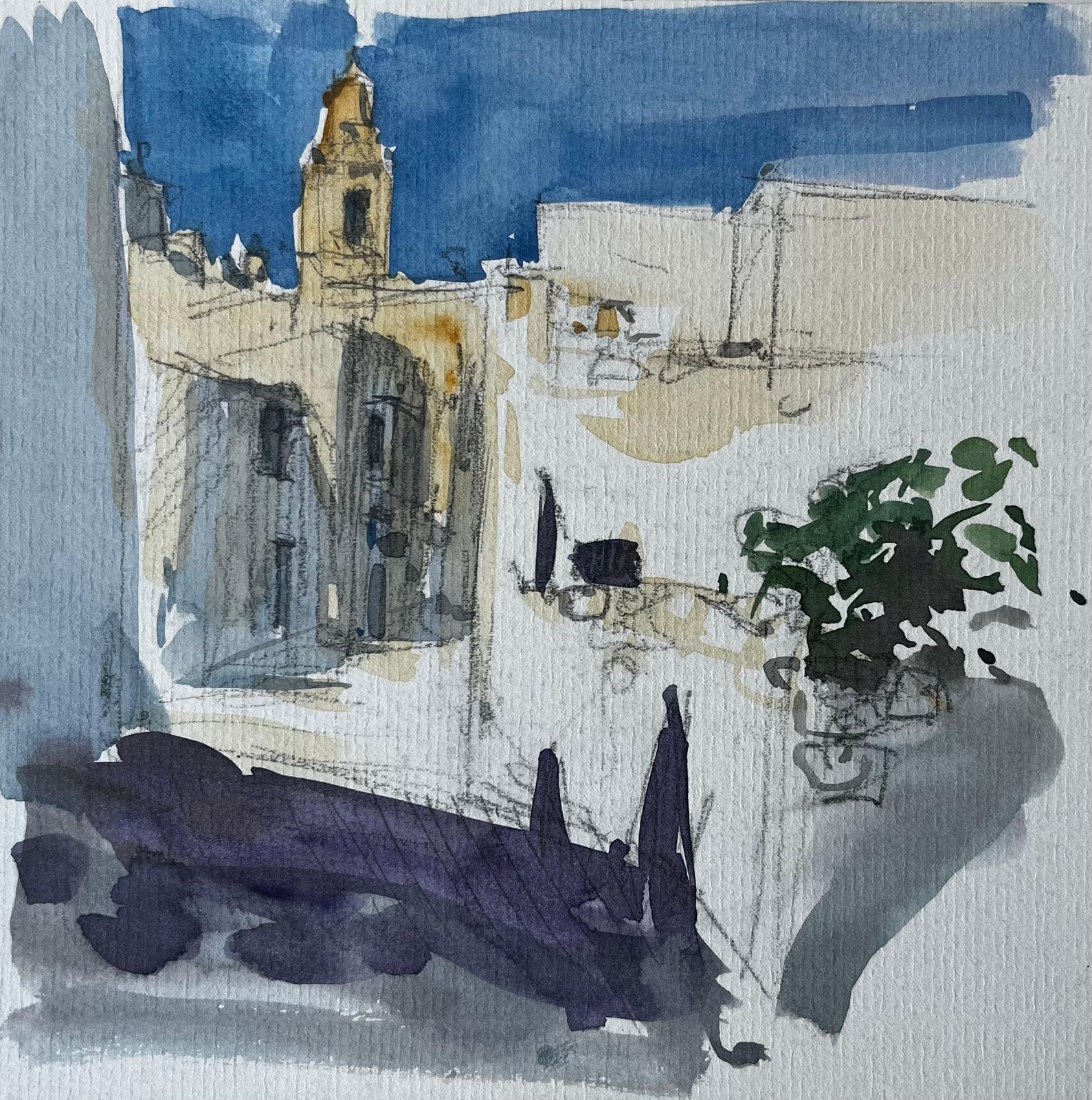 Pierre Neveumediterranean Sunlit Street Church Tower White Buildings Plant Pot Watercolour