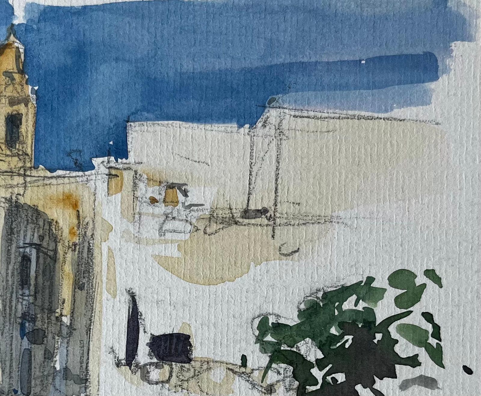 Pierre Neveumediterranean Sunlit Street Church Tower White Buildings Plant Pot Watercolour photo Art