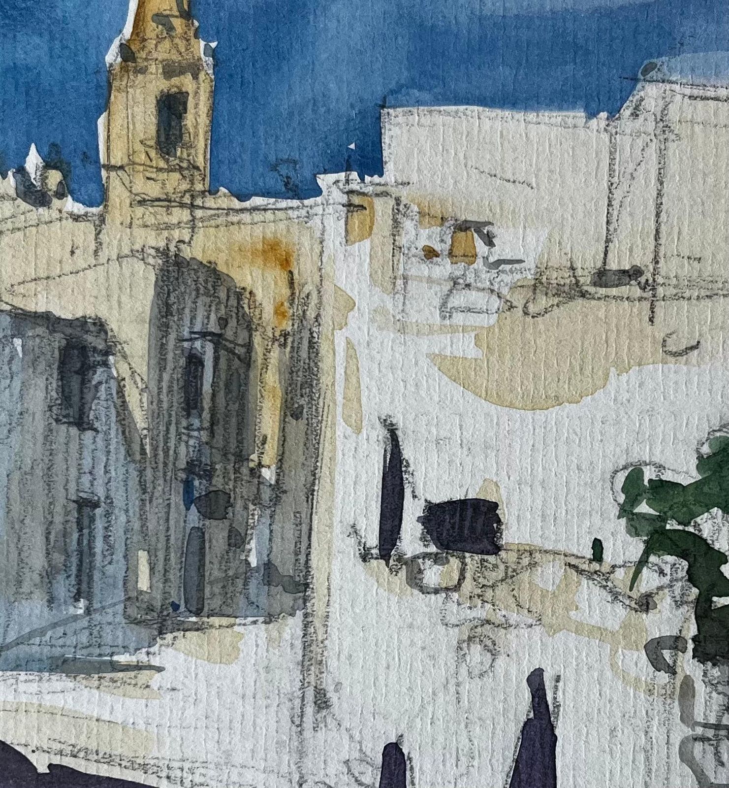 Pierre Neveumediterranean Sunlit Street Church Tower White Buildings Plant Pot Watercolour photo buy