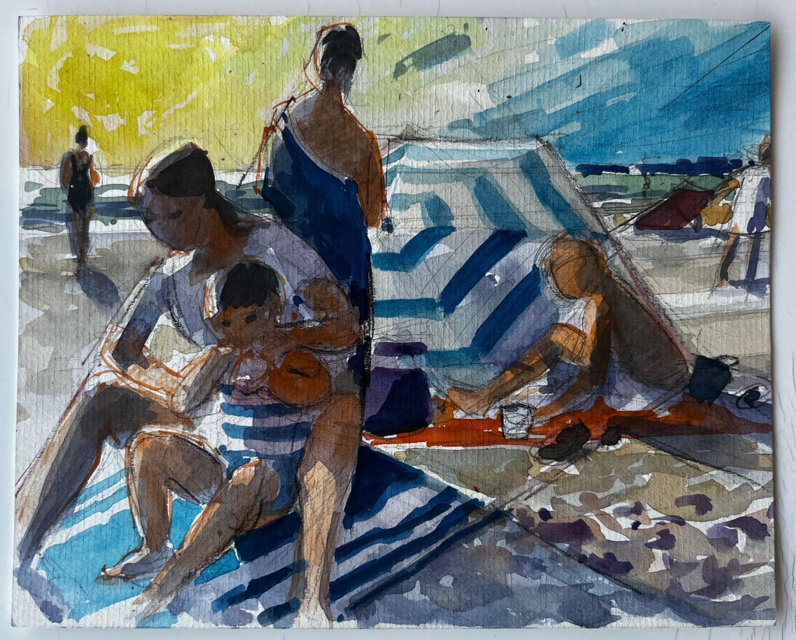 Pierre Neveufamily On Beach With Striped Windbreak Summer Scene Watercolour By Pierre Neveu photo furniture