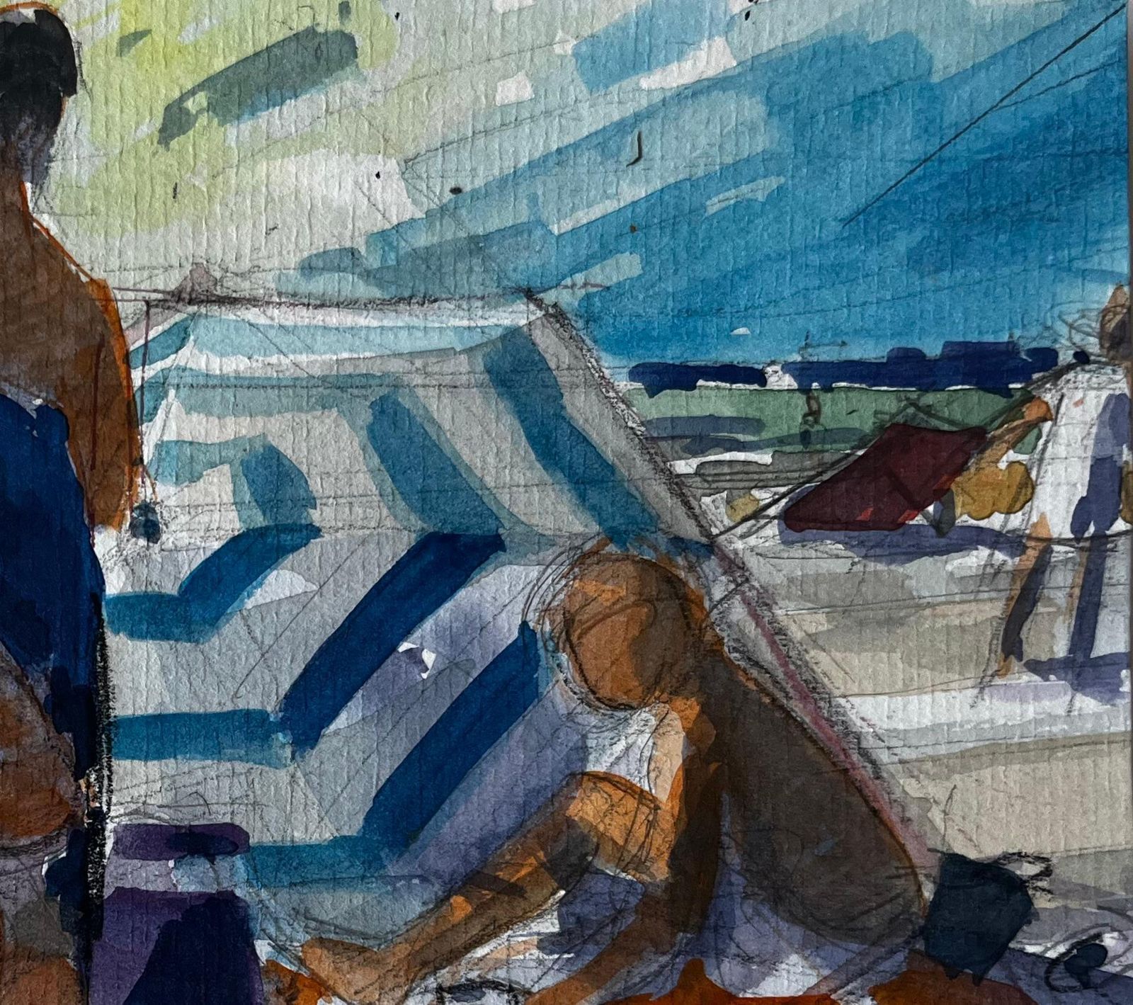Pierre Neveufamily On Beach With Striped Windbreak Summer Scene Watercolour By Pierre Neveu photo Art