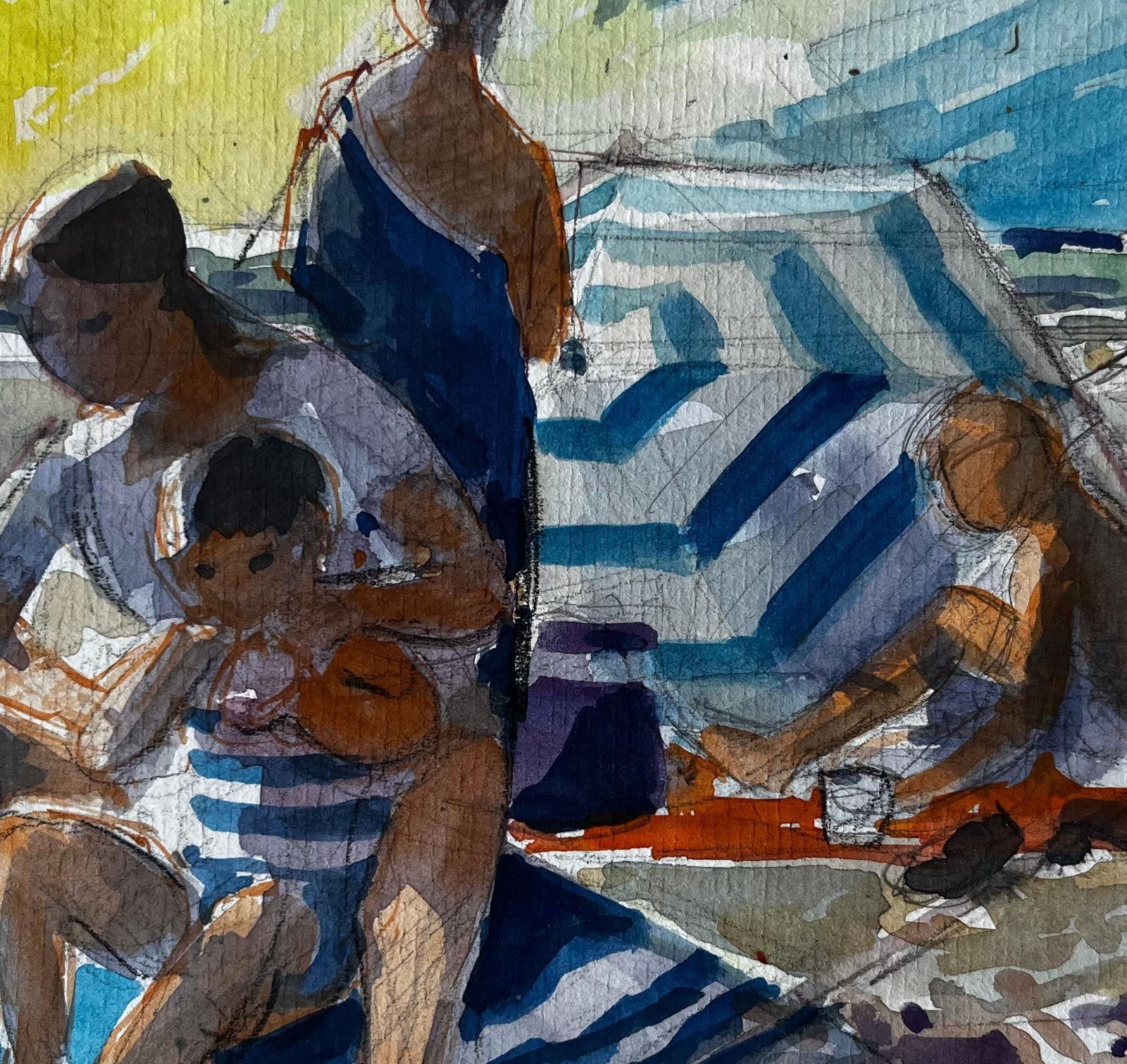 Pierre Neveufamily On Beach With Striped Windbreak Summer Scene Watercolour By Pierre Neveu photo buy