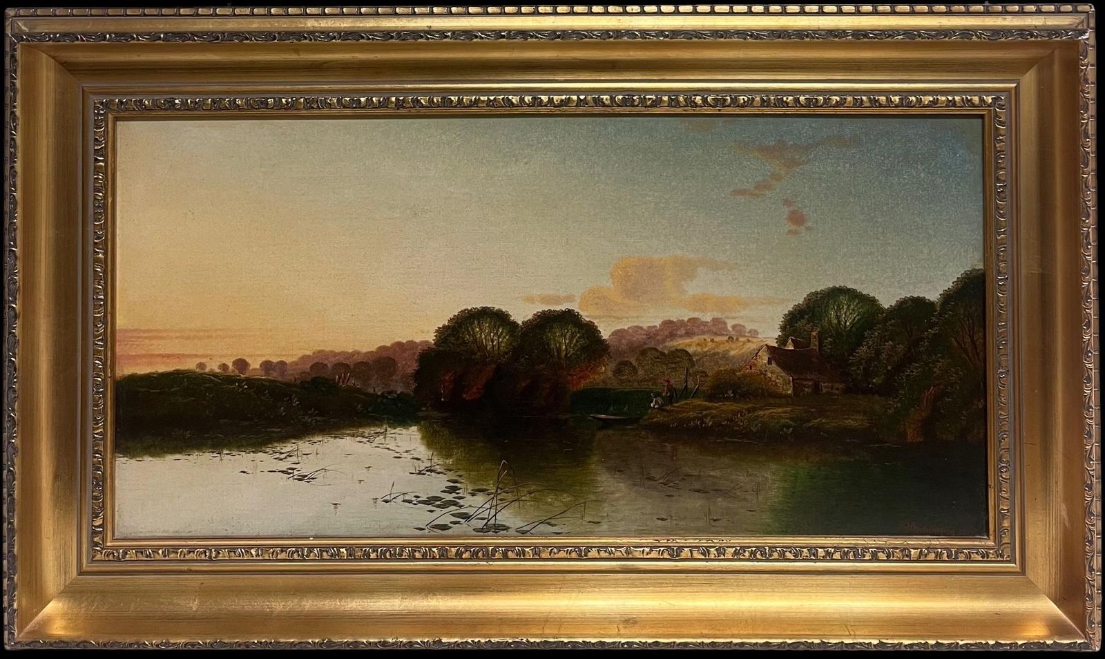 Edwin Henry Boddington (1836–1905) Fine Victorian Signed Oil Painting Sunset Dusk Over The River With Anglers