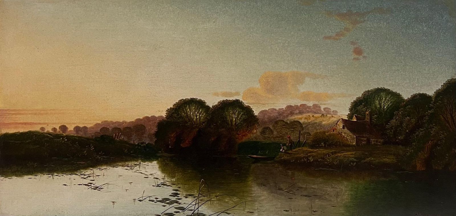 Edwin Henry Boddington (1836–1905) Fine Victorian Signed Oil Painting Sunset Dusk Over The River With Anglers photo 1723.0