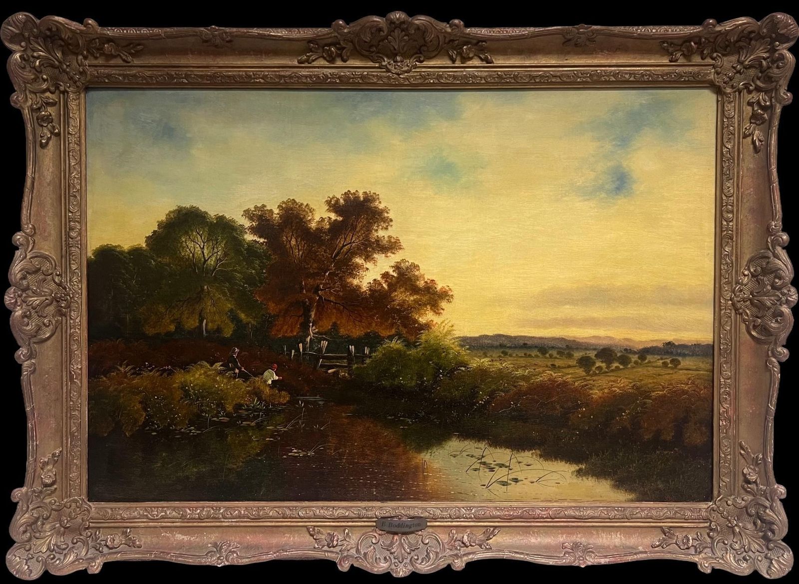 Edwin Henry Boddington (1836–1905) Fine Large Victorian Signed Oil Painting Anglers Romantic River Sunset Landscape