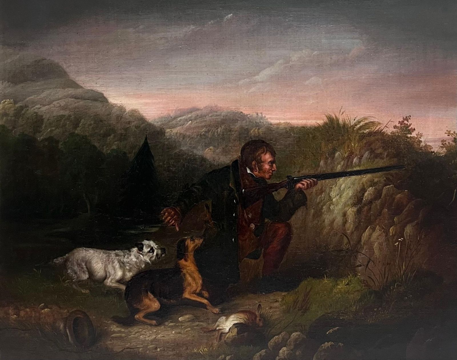 Scottish 19th Centuryfine 1800's Scottish Sporting Art Oil Painting Gentleman Shooting With Gun & Dog photo furniture