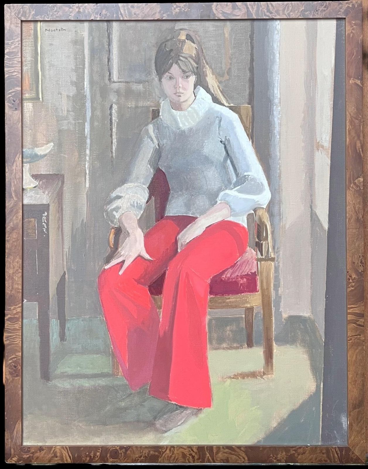Laure Noetzin Azam (French 1929 2024)fine 20th Century French Modernist Oil Painting Girl In Red Trousers photo furniture