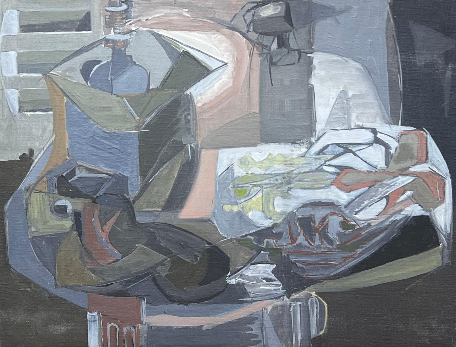Laure Noetzin Azam (French 1929 2024)fine 20th Century French Cubist Still Life Grey Muted Tones Oil Painting