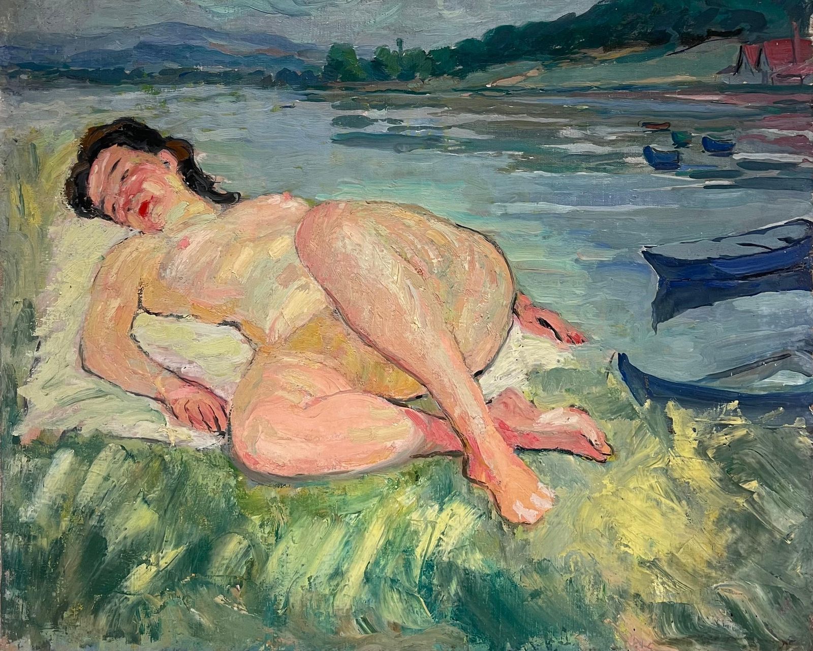 Suzanne Dinkesfrench Mid Century Large Oil Painting Nude Lady Reclining On River Bank1950's photo furniture
