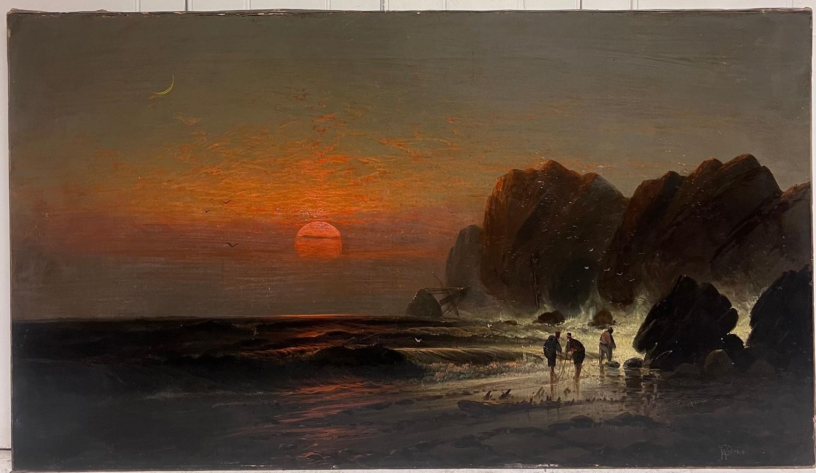 Charles Websterfine Very Large 19th Century English Marine Oil Painting Wreckers Sunset Coast1870's photo furniture
