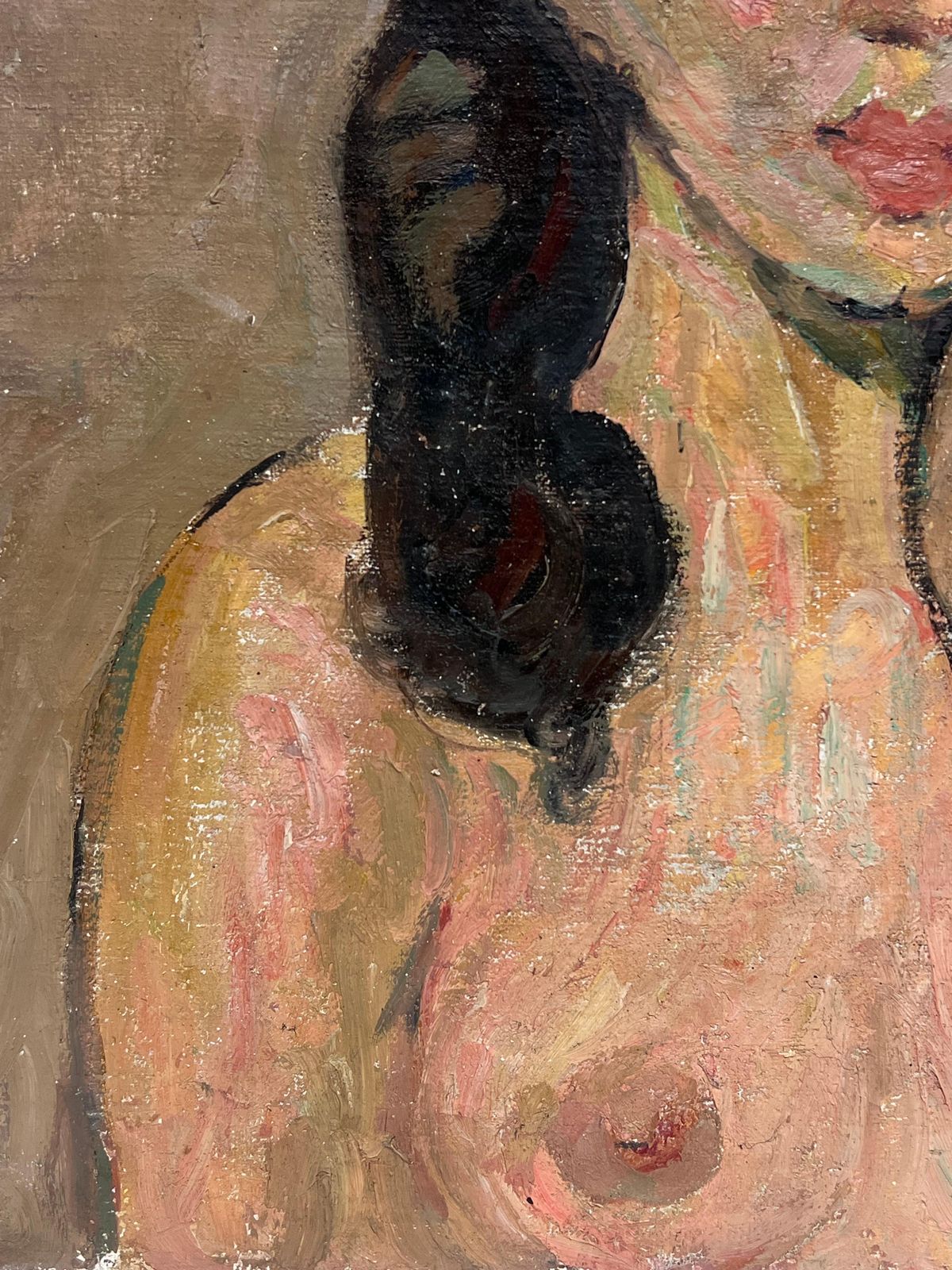 Suzanne Dinkesfrench Mid Century Oil Painting Portrait Nude Woman With Long Dark Hair1950's photo 698.0