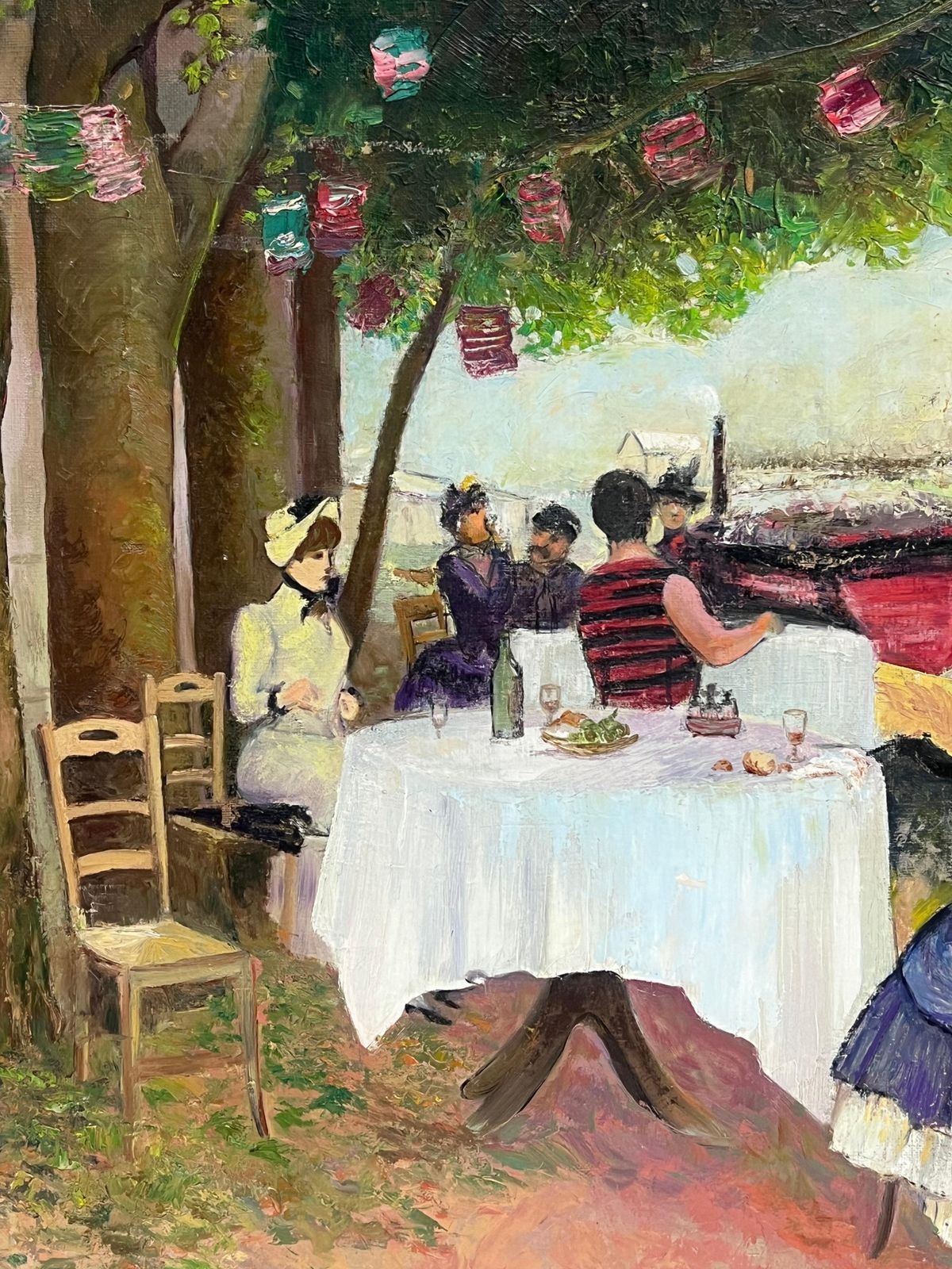 French Belle Epoqueelegant Parisian Figures Enjoying Open Air Riverside Cafe Antique French Oil photo 3262.0