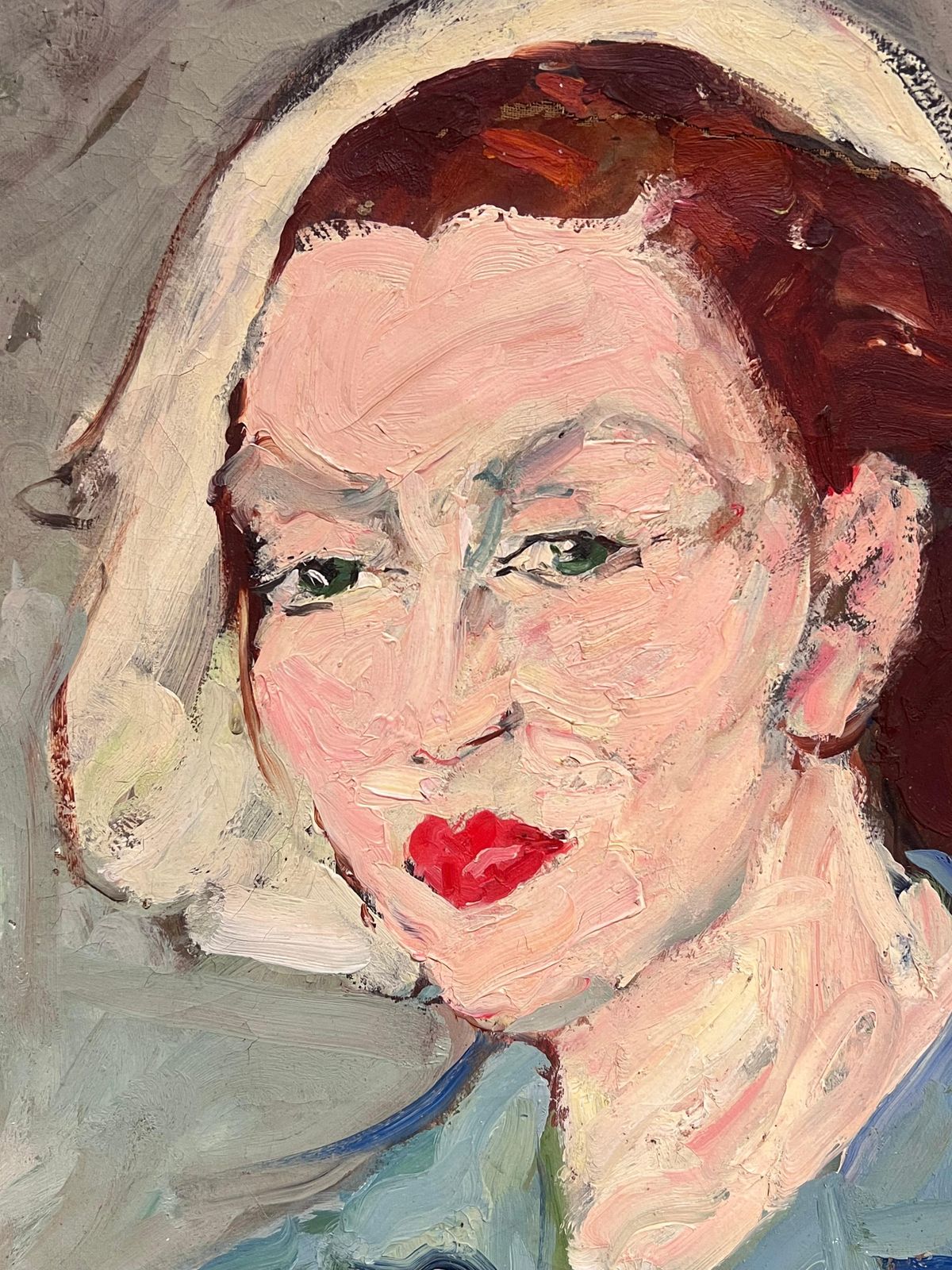 Suzanne Dinkesfrench Mid Century Oil Painting Post Impressionist Portrait Of Woman Blue Blouse1950's photo Art