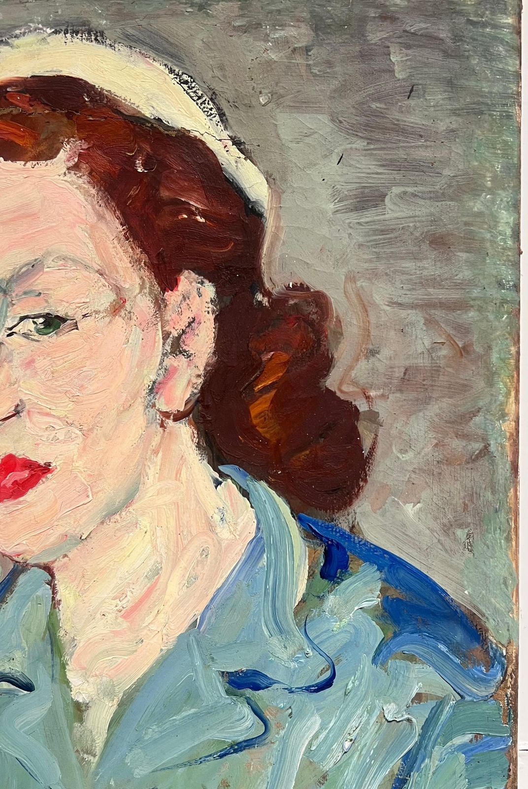 Suzanne Dinkesfrench Mid Century Oil Painting Post Impressionist Portrait Of Woman Blue Blouse1950's photo 912.0