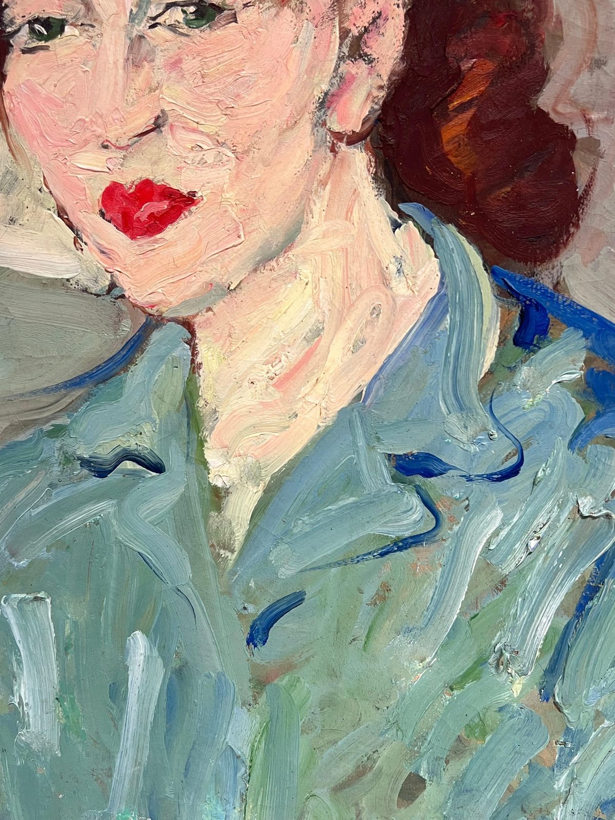 Suzanne Dinkesfrench Mid Century Oil Painting Post Impressionist Portrait Of Woman Blue Blouse1950's photo buy