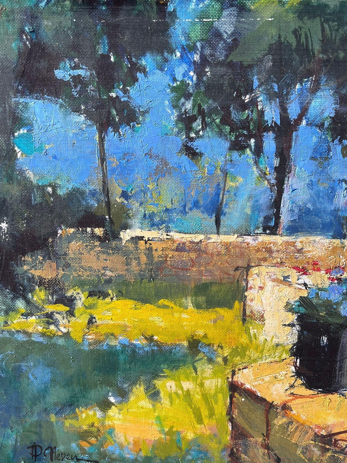 Pierre Neveusunlit Garden With Stone Well And Flowers Beside Shade Trees French Oil Painting photo vinterior