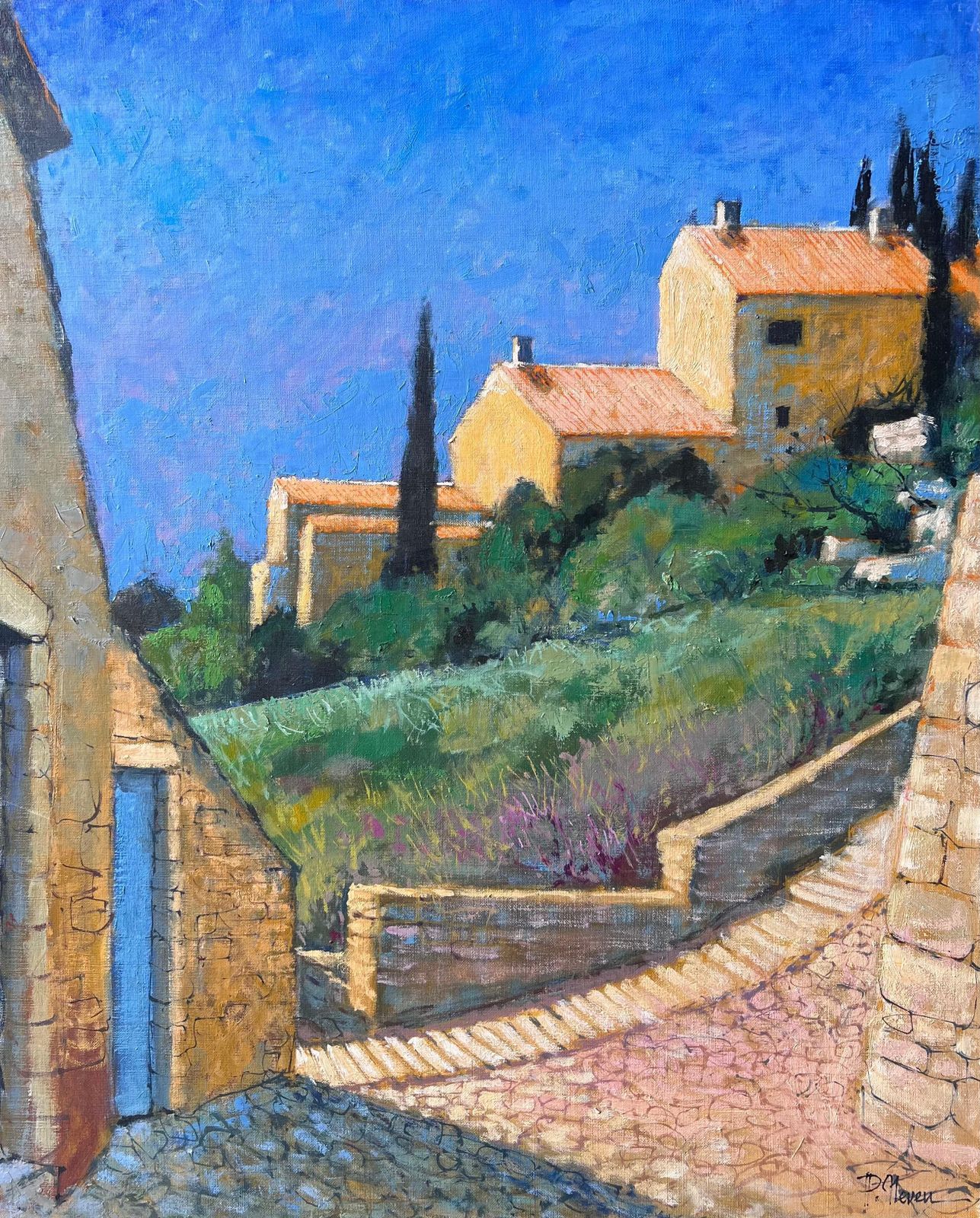 Pierre Neveusunlit Hillside Village With Stone Path And Golden Homes Vue French Oil Painting