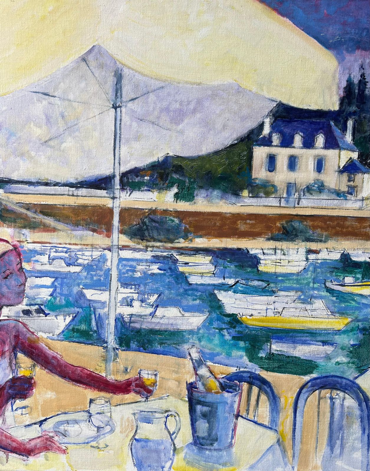 Pierre Neveuseaside Cafe Scene With Diners Overlooking Boats And Villa A French Oil Painting photo 892.0