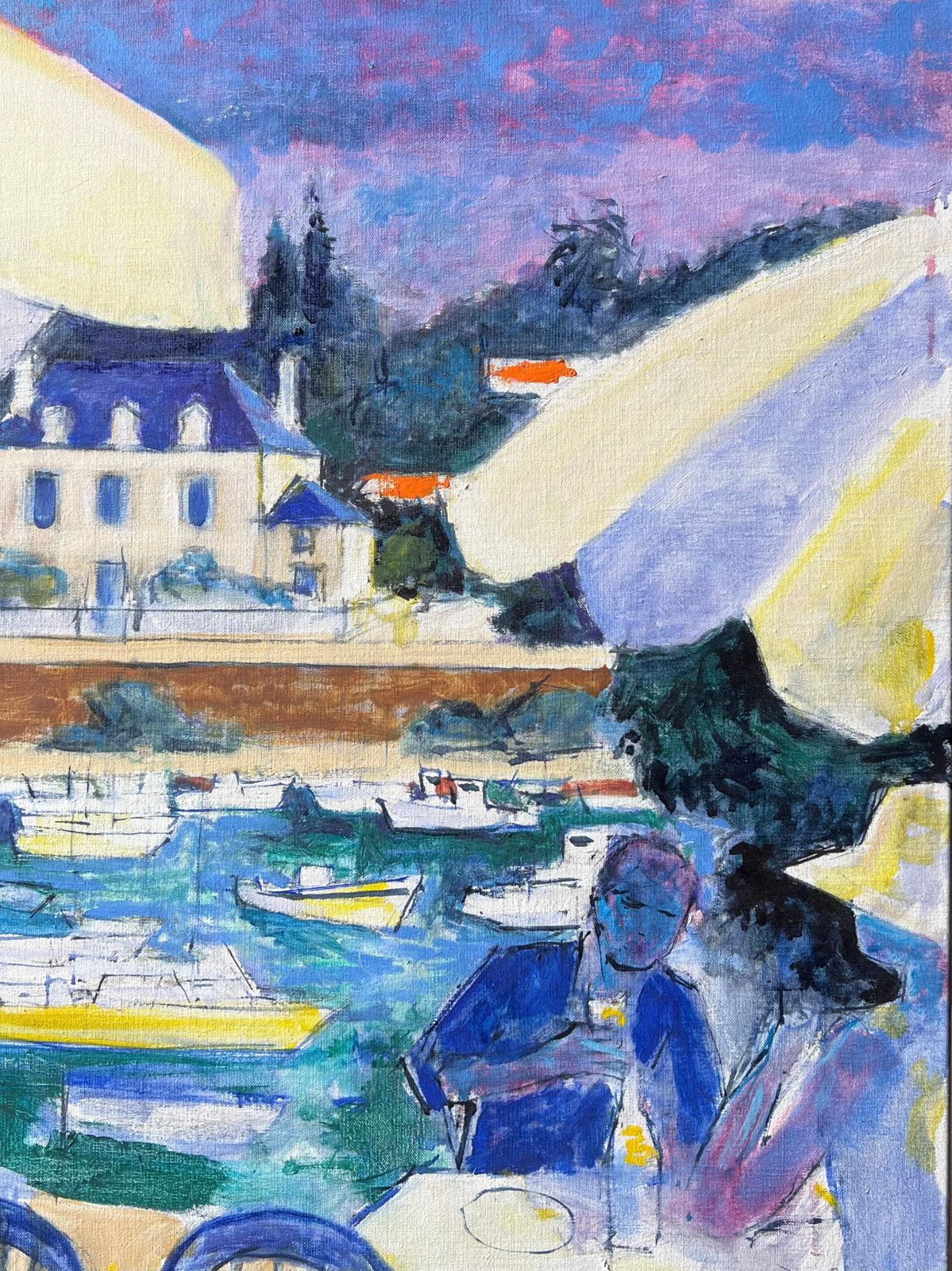 Pierre Neveuseaside Cafe Scene With Diners Overlooking Boats And Villa A French Oil Painting photo vintage
