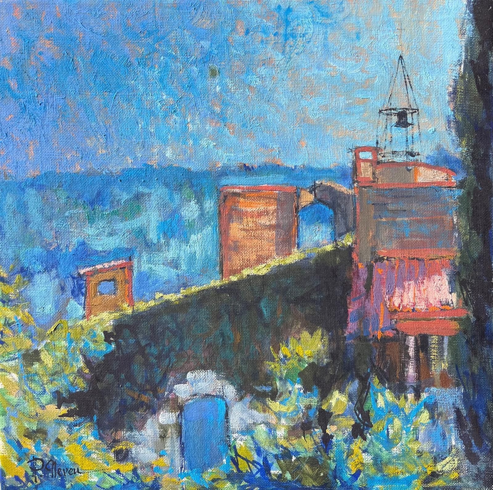 Pierre Neveusunny Rooftop View With Stone Arch And Blue Sky Above A Town French Oil Painting
