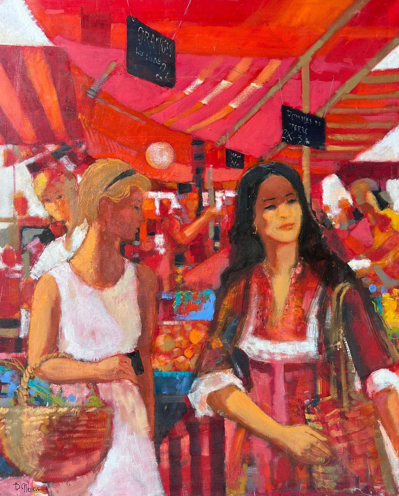 Pierre Neveuwomen Strolling Through Bright Red Market Stalls Filled With Produce French Oil