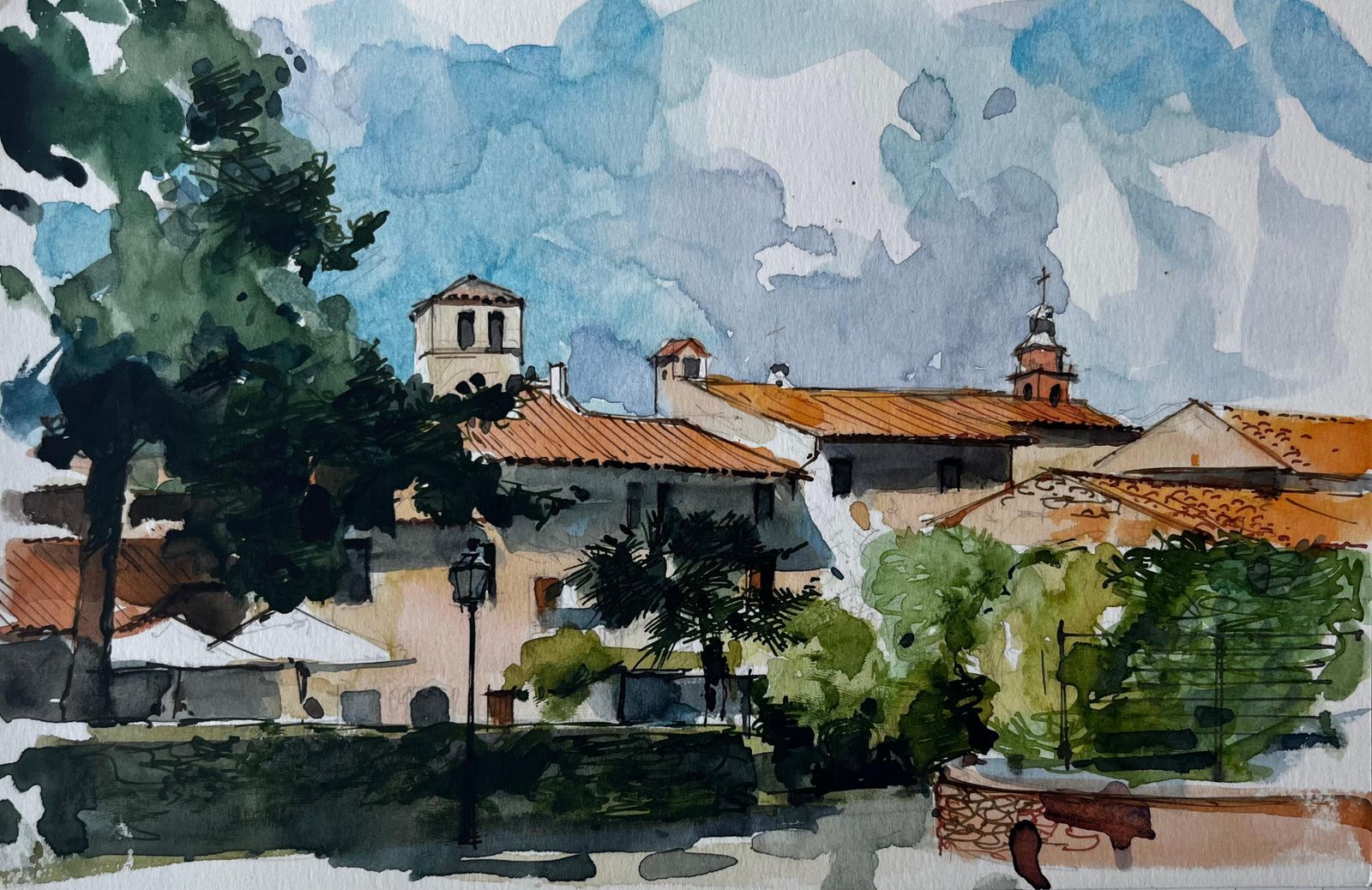 Pierre Neveumediterranean Village Rooftops Church Towers And Pine Trees Watercolor