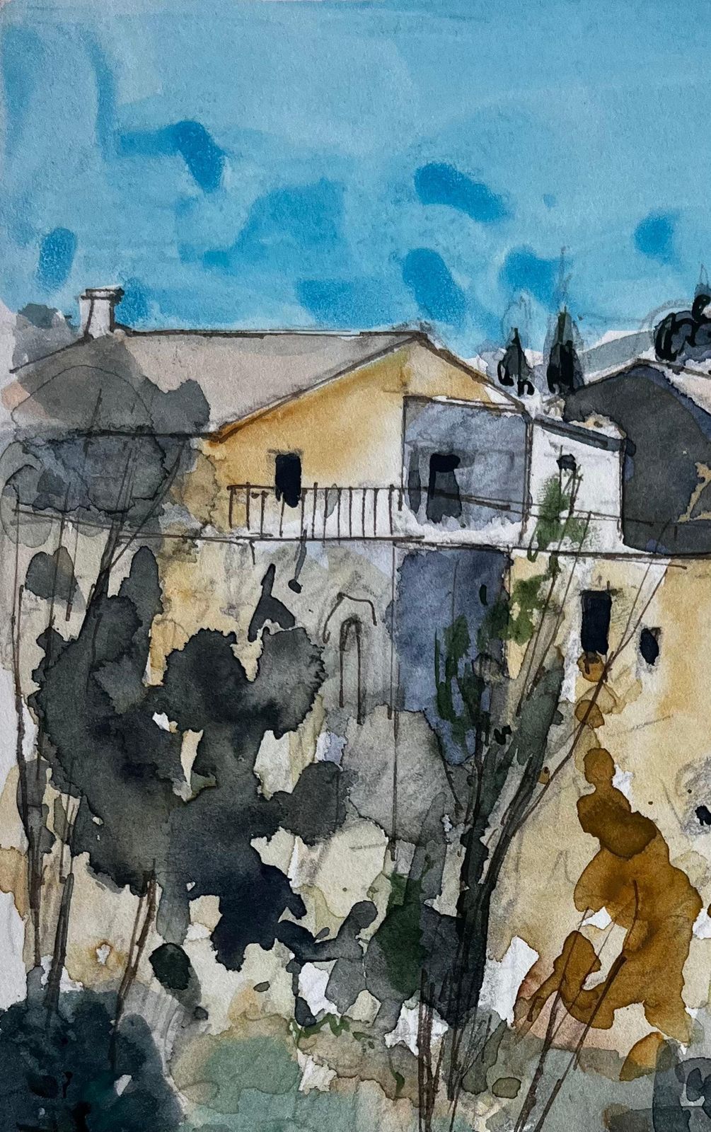 Pierre Neveumediterranean Hilltop Houses Cypress Trees And Sunlit Landscape Watercolor photo Art