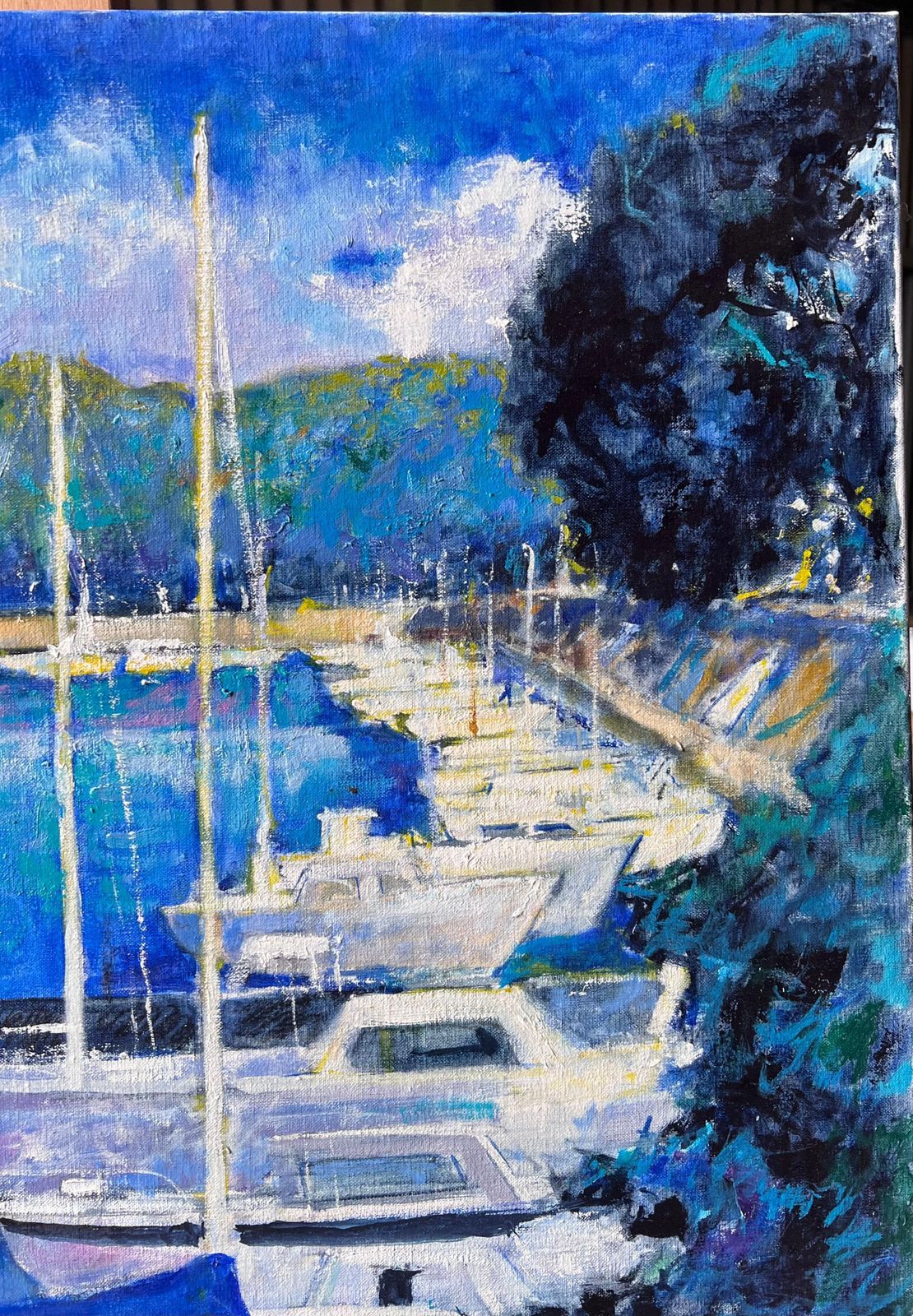 Pierre Neveusunny Sailboats In Blue Marina By Green Hills At Harbour French Oil Painting photo Art