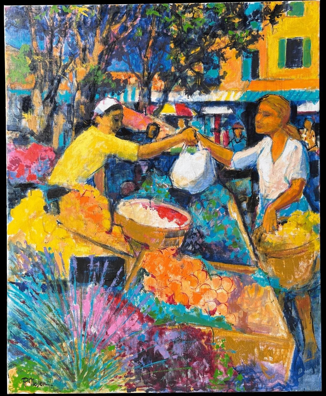 Pierre Neveucolorful Market Scene With Figures Exchanging Fruit In Bright Stalls French Oil photo furniture