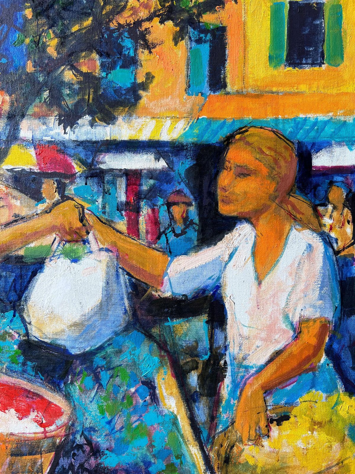 Pierre Neveucolorful Market Scene With Figures Exchanging Fruit In Bright Stalls French Oil photo for sale