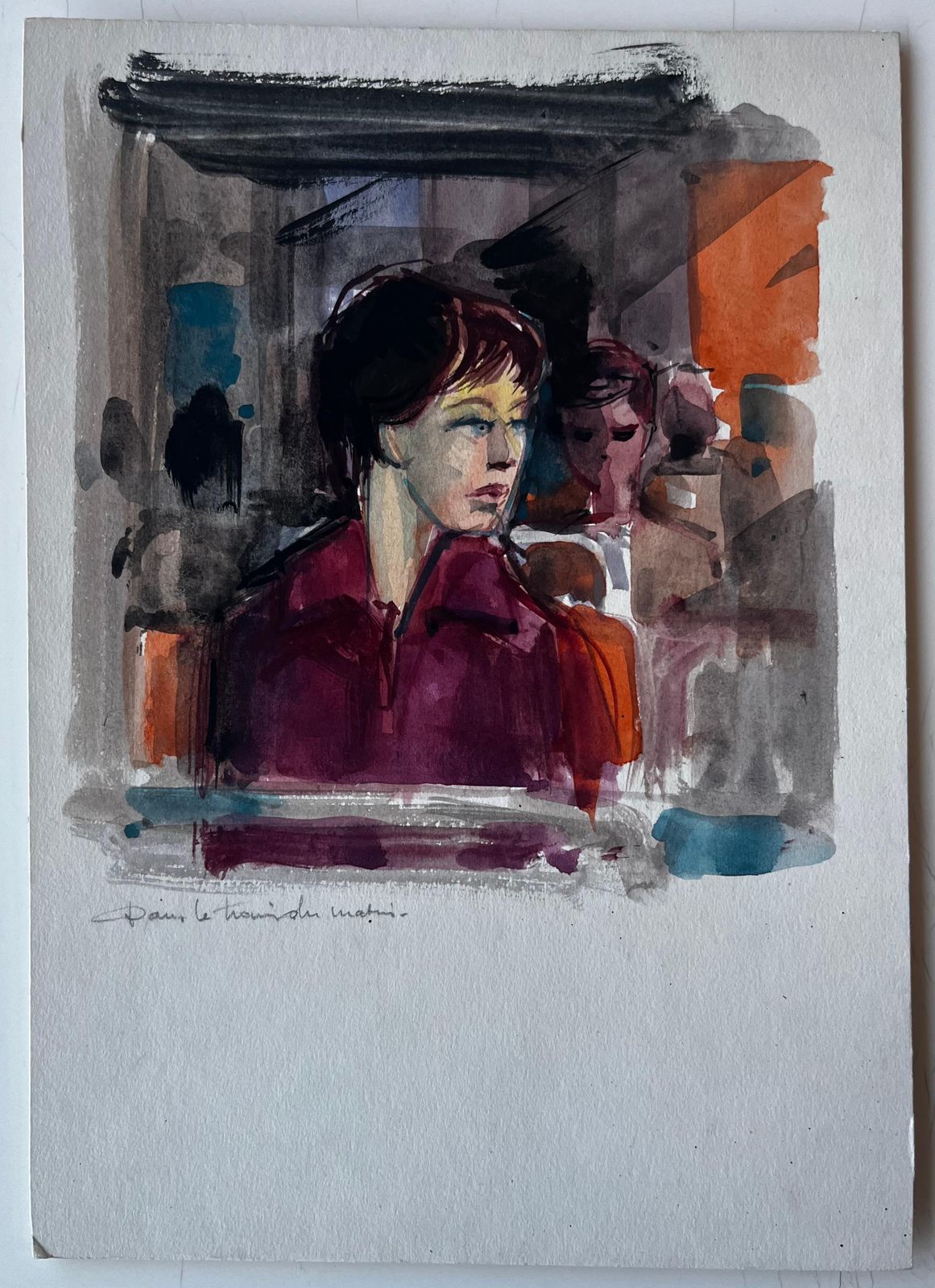 Pierre Neveuwoman On Morning Train Interior Commuter Portrait Watercolor photo furniture