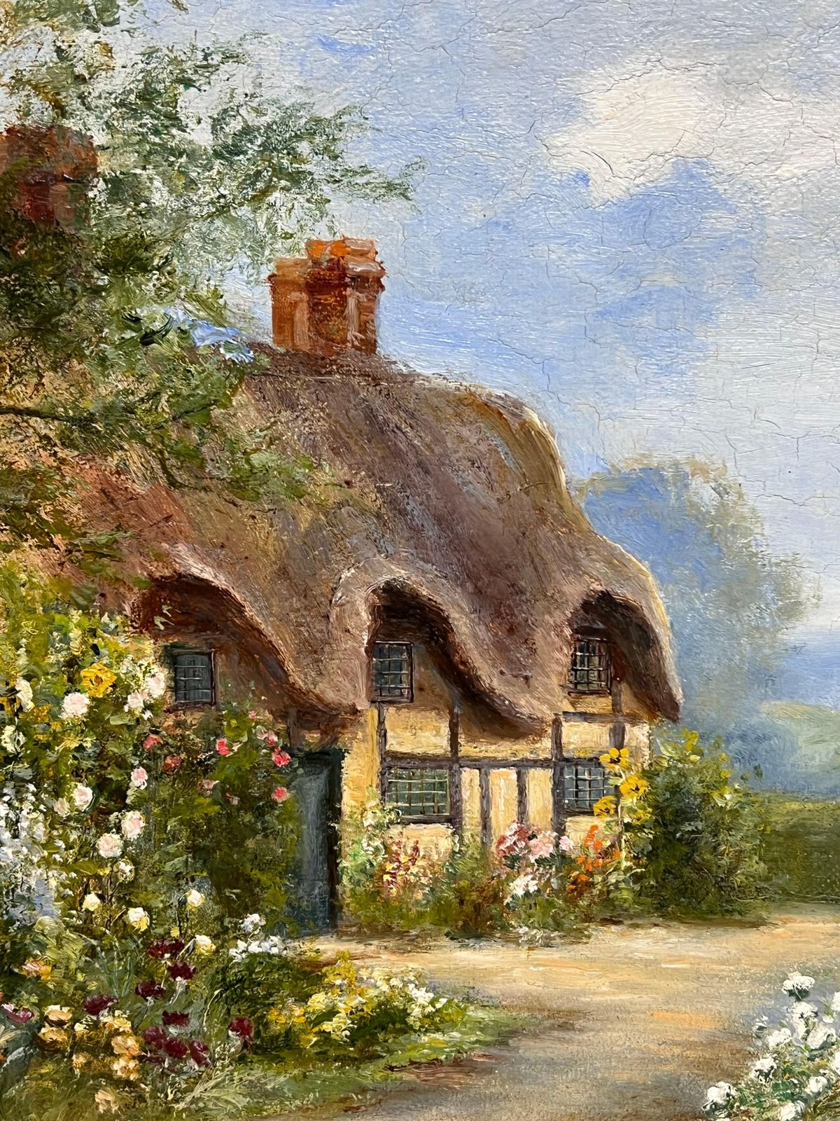 Eva Walbourncharming Victorian Signed Oil Painting Thatched Cottage Hollyhocks Garden photo for sale