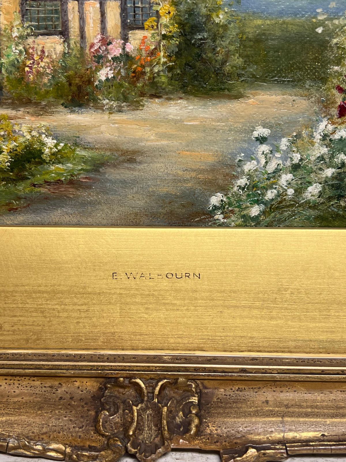 photo furniture Eva Walbourncharming Victorian Signed Oil Painting Thatched Cottage Hollyhocks Garden