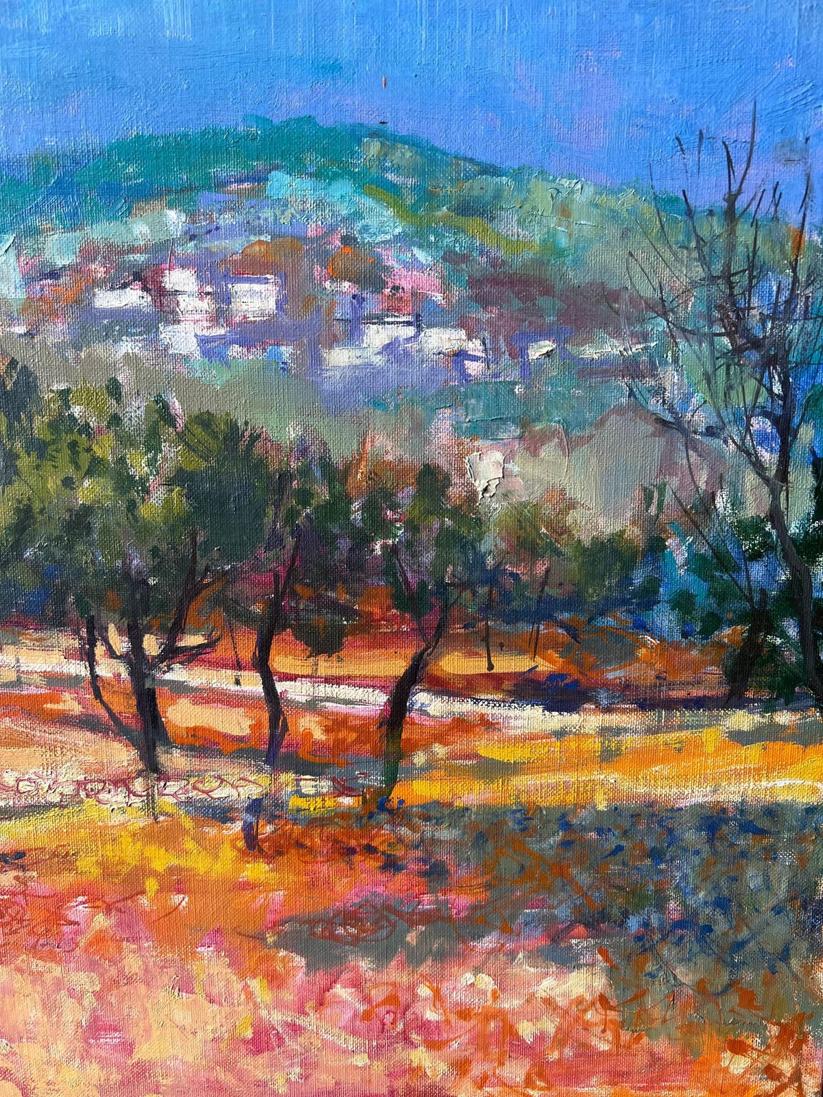 Pierre Neveusunlit Olive Grove With Hilltop Village In Vibrant French Countryside photo for sale