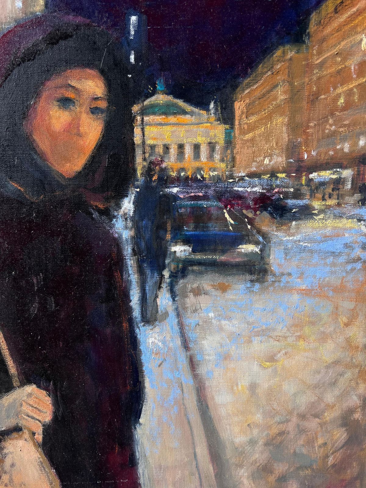 Pierre Neveuwoman On Paris Opera Snowy Street At Night With Lights French Oil Painting photo 733.0