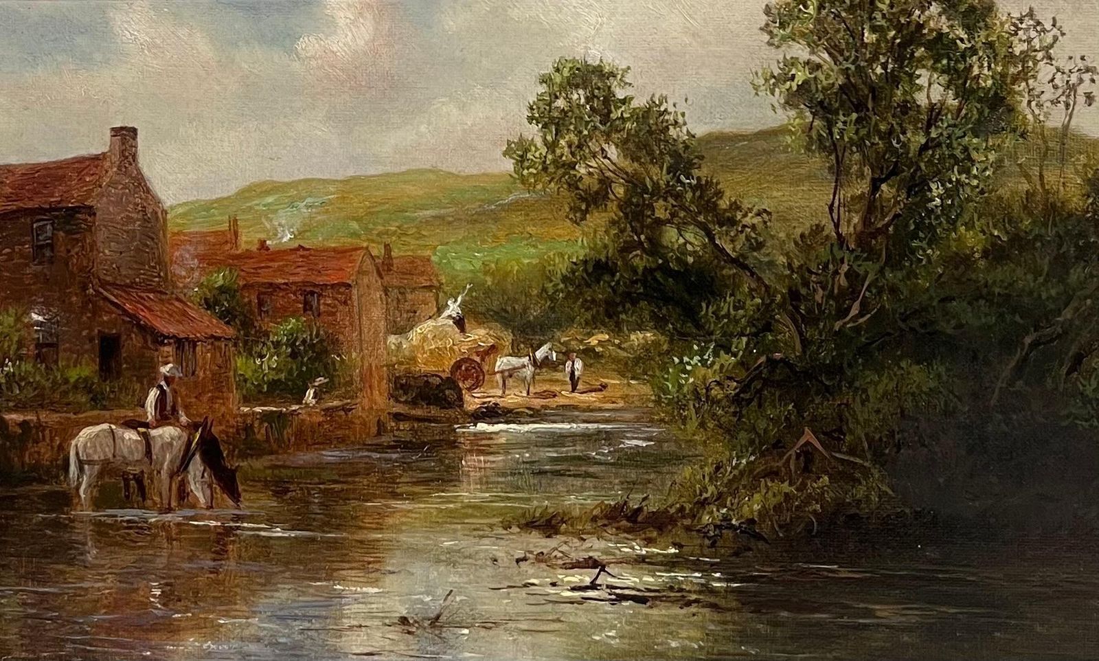 English School (19th Century)antique English Oil Painting Figures Loading The Hay Cart Beside The River photo for sale