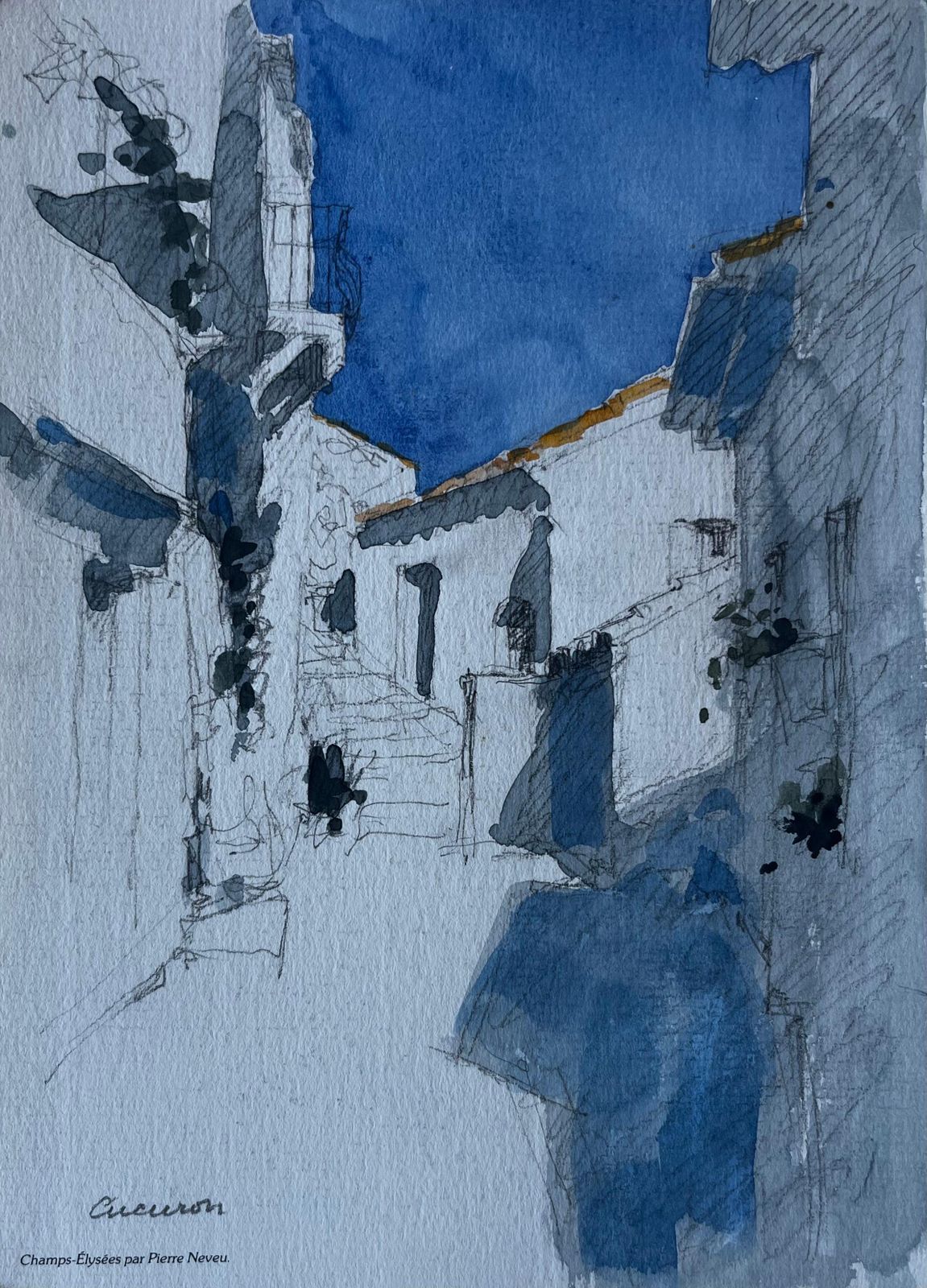 Pierre Neveucucuron Provence Sunlit Street Scene Watercolour By Pierre Neveu French Artist
