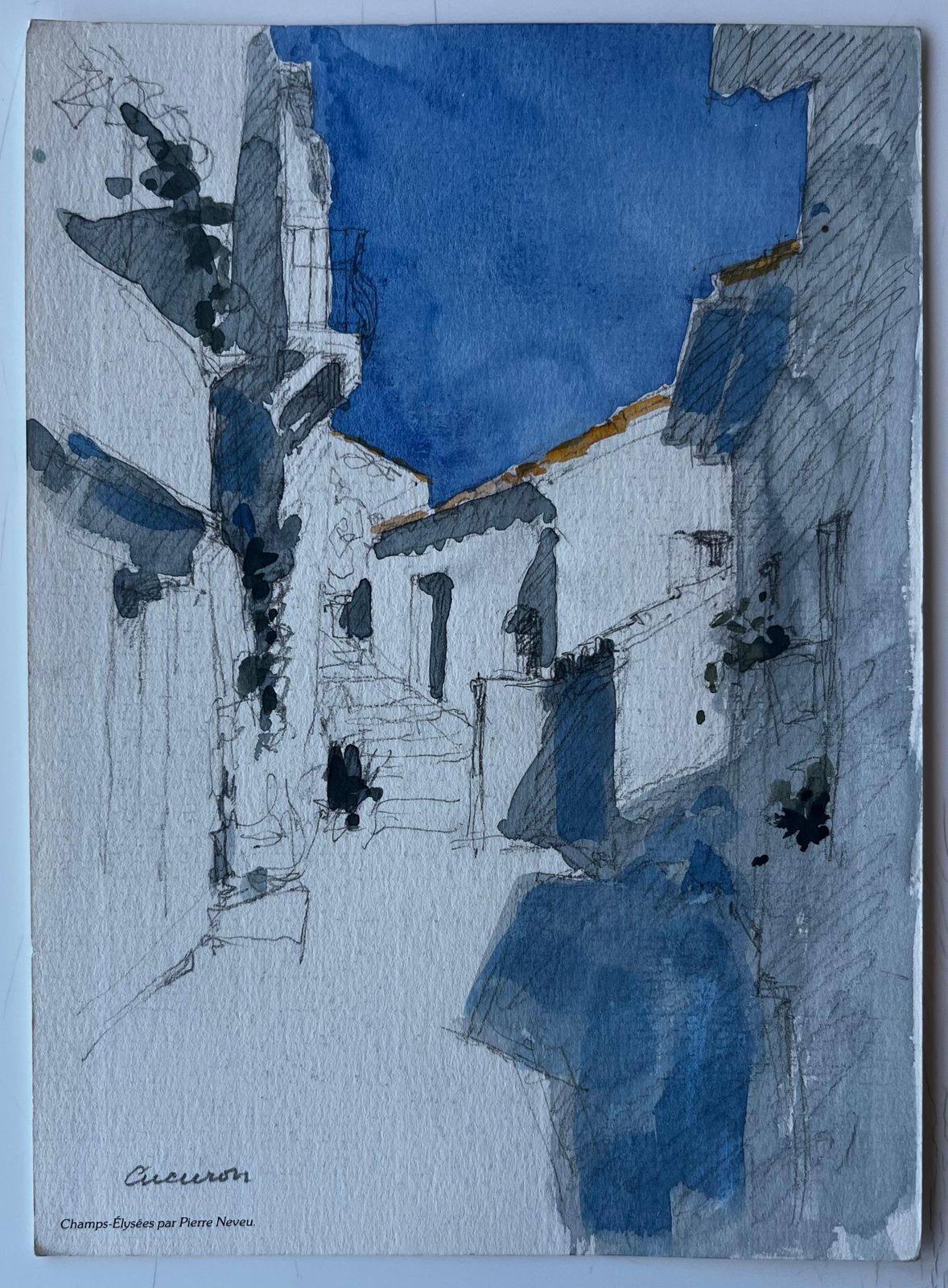 Pierre Neveucucuron Provence Sunlit Street Scene Watercolour By Pierre Neveu French Artist photo furniture