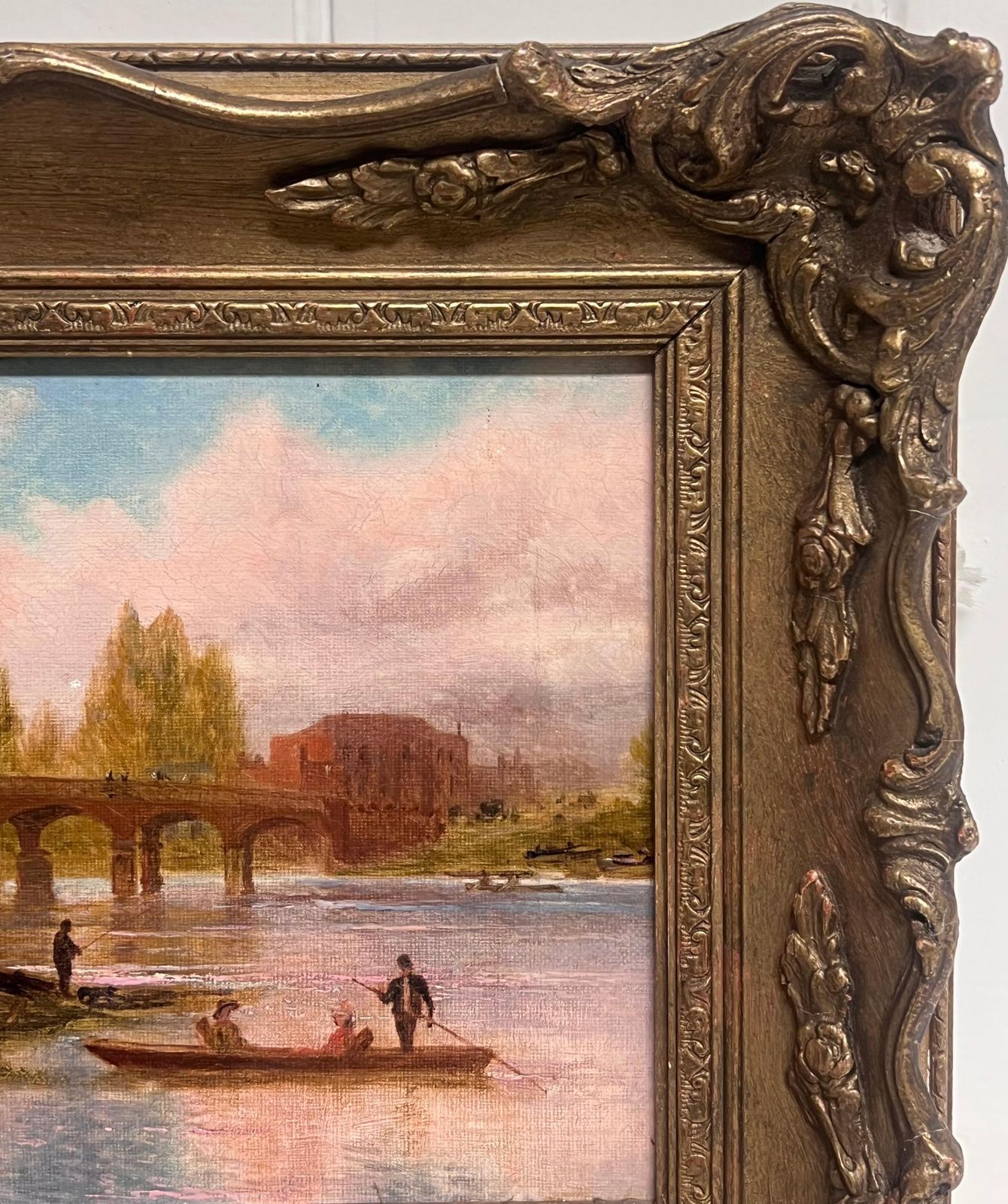 English School (19th Century)antique English Oil Painting Elegant Figures By River Ancient Castle Building photo for sale