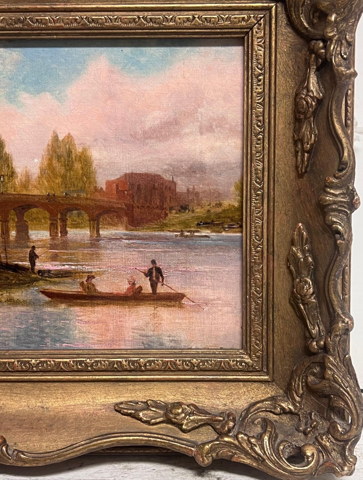 English School (19th Century)antique English Oil Painting Elegant Figures By River Ancient Castle Building photo 1014.0