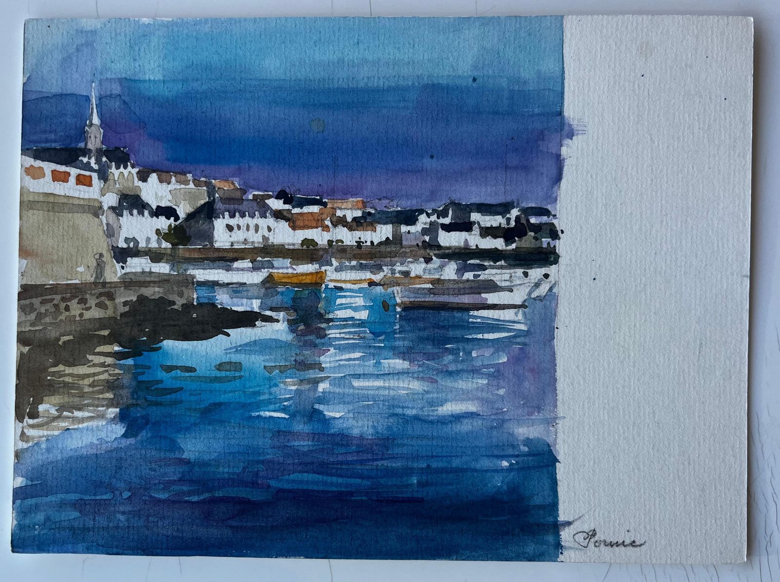 Pierre Neveuevening Harbour Scene Brittany Coast Watercolour Seascape By Pierre Neveu photo furniture