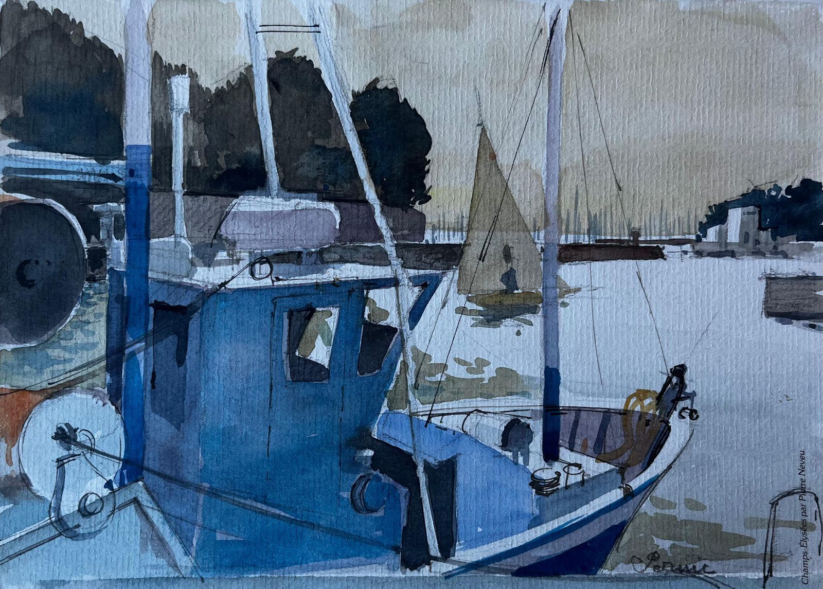 Pierre Neveublue Fishing Boat In Brittany Harbour French Watercolour By Pierre Neveu