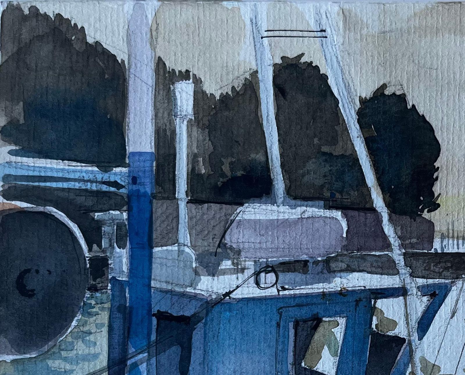 Pierre Neveublue Fishing Boat In Brittany Harbour French Watercolour By Pierre Neveu photo for sale