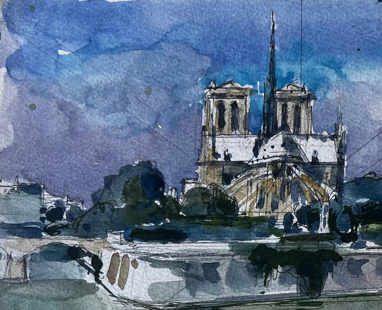 Pierre Neveunotre Dame Cathedral Paris River Seine French Watercolour Cityscape photo for sale