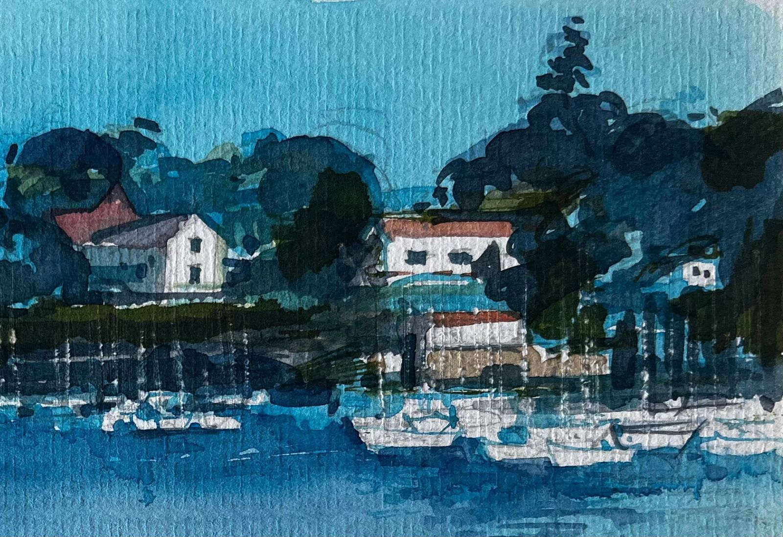 Pierre Neveufrench Harbour With Moored Boats And Clifftop Houses Watercolour By Pierre Neveu photo for sale