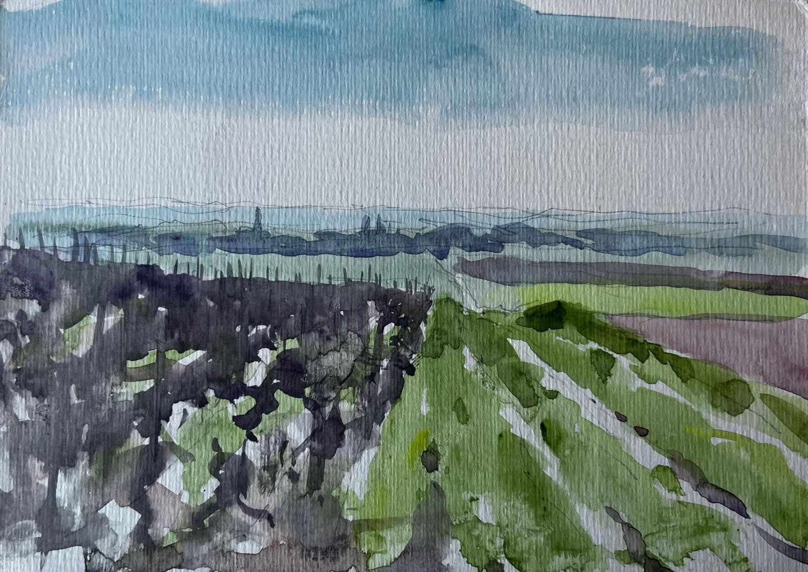 Pierre Neveuexpansive French Countryside With Distant Horizon Watercolour By Pierre Neveu